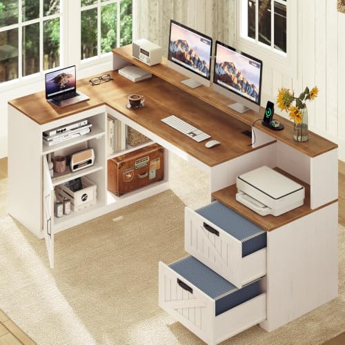 TVU Farmhouse L Shaped Desk with Drawers, 62.2" Home Office Desk with Storage Shelves and Power Outlet, L Shaped Computer Desk with Monitor Stand and Printer Shelf, Brown and White - color: Brown and White