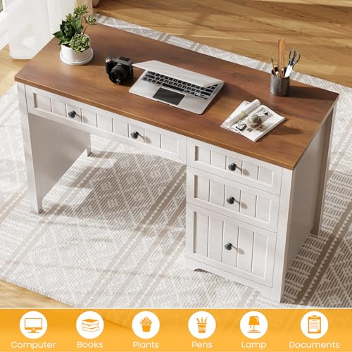 Vabches Farmhouse Executive Desk with 4 Drawers, Home Office Desk with File Drawer, Wood Computer Desk with Storage, Rustic Office Desk for Work Study Writing, Brown White - color: Brown White