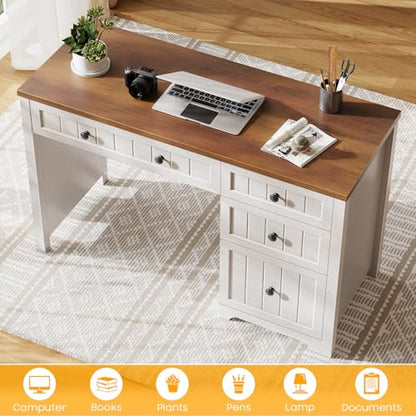 Vabches Farmhouse Executive Desk with 4 Drawers, Home Office Desk with File Drawer, Wood Computer Desk with Storage, Rustic Office Desk for Work Study Writing, Brown White - color: Brown White