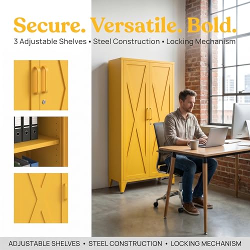 61" Yellow Steel Locking Cabinet, Tall Metal Storage Locker with 3 Adjustable Shelves, Secure Organizer Cabinet for Home Office, Garage, Classroom - color: Yellow, style: 61"H-Cabinet-CX