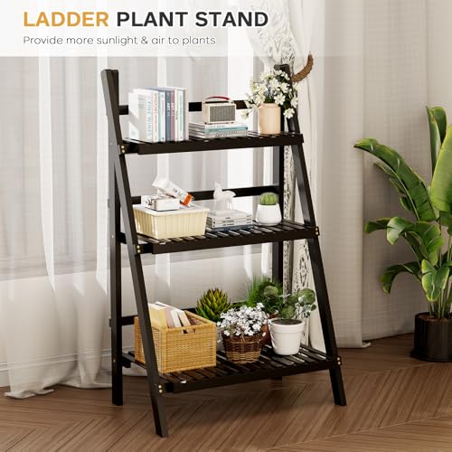39.4" Foldable Ladder Shelf Plant Shelf, 3 Tier Bamboo Ladder Bookshelf - color: 3-Tier Black