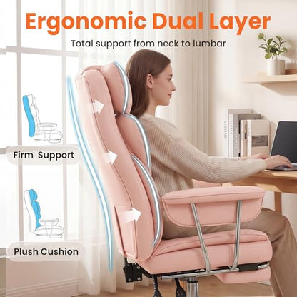 NEO CHAIR Big & Tall Leather Office Chair, High Back, Lumbar Support, Pink | Gaming Chair for Adults and Computer Use, Reclining Office Chair with Foot Rest, Massage, Comfy Design and Heavy Duty Support - color: Pink