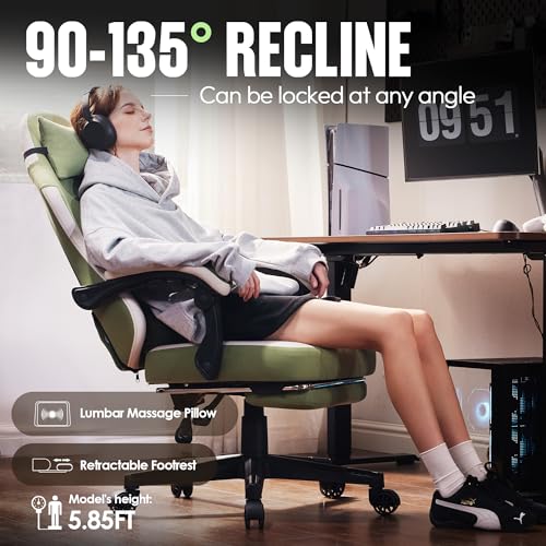 Dowinx Gaming Chair Fabric with Pocket Spring Cushion, High Back Ergonomic Computer Chair with Footrest for Adults, Massage Lumbar Support Swivel Game Chair for Office Gaming 300LBS, Green - color: Green