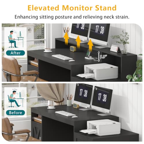 65" Farmhouse Computer Desk with Drawers and Printer Stand for Home Office - color: Black