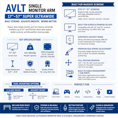 AVLT Single 17"-57" Super Ultrawide Monitor Arm - Gray | Screens Up to 59.5 lbs Premium Aluminum Desk Stand Adjustable Pneumatic Height Full Motion Swivel Tilt Rotation USB-C&A Ports - color: Gray-17 to 57 Inch