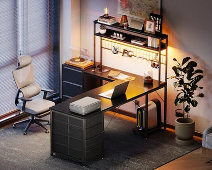 AODK L Shaped Desk Gaming Desk with LED Light & Power Outlet | 59 Inch Black Reversible L Shaped Computer Table with 4 Drawers for Home Office - color: Black, size: 59 Inch