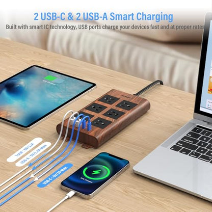 TOPREK Surge Protector Power Strip (2100J), 6 Widely-Spaced Outlets with 2 USB-C & 2 USB-A, 6.5 FT Extension Cord with Ultra-Thin Flat Plug, Wood Finish Power Strip with USB for Home, Office