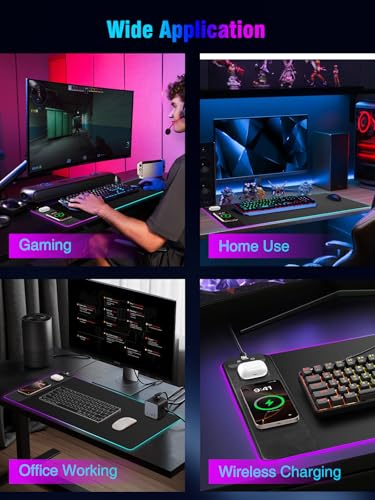 Mouse Pad with Magnetic Wireless Charging, Large Desk Pad Protector, RGB Black Desk Mat with 15W Fast Charger, Non-Slip Waterproof Mousepad for Office Home Gaming - color: Black Magnetic Charging 31.5x15.75"