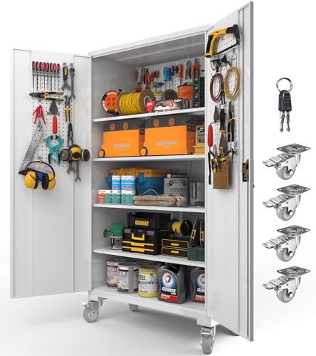 Upgraded Tall & Wide Metal Storage Cabinet with Doors & 4 Adjustable Shelves | Heavy-Duty Black Lockable Garage Cabinet with Wheels & Pegboard for Office, Gym, Basement, Warehouse (White) - color: White- Large