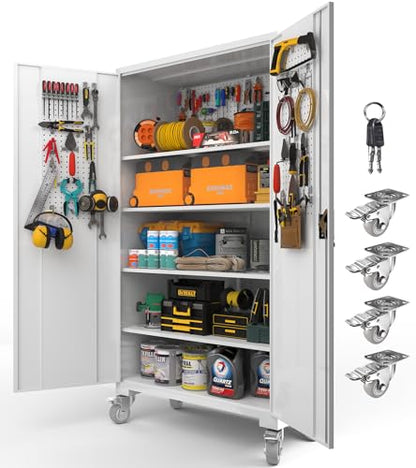 Upgraded Tall & Wide Metal Storage Cabinet with Doors & 4 Adjustable Shelves | Heavy-Duty Black Lockable Garage Cabinet with Wheels & Pegboard for Office, Gym, Basement, Warehouse (White) - color: White- Large