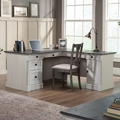 Sauder Palladia L Shaped Desk with Drawers, Office Desk with File Cabinet Storage, Cable Management, Keyboard Tray, in Glacier Oak Finish - color: Glacier Oak