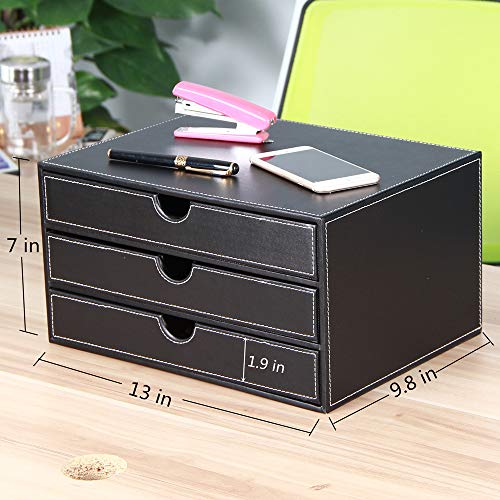 High-end PU Leather Desk Organizer File Cabinet Executive Office Supplies Desktop Filing A4 File Cabinet Stackable Storage Organizer Box with 3 Drawers (Black)… - color: black