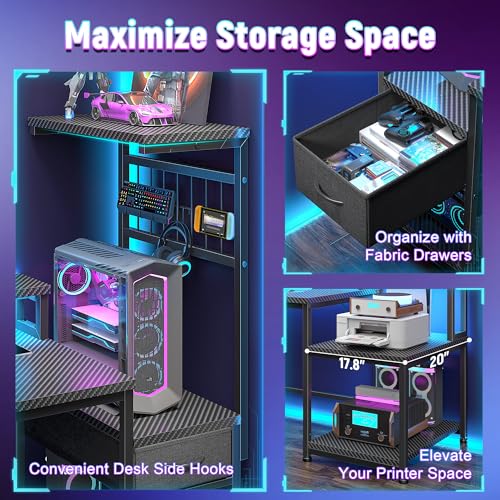 DurayLoly 63" Gaming Desk with RGB LED,Headphone Hook Shelves for Bedroom - color: Black, size: 19.6"Dx63"Wx51"H