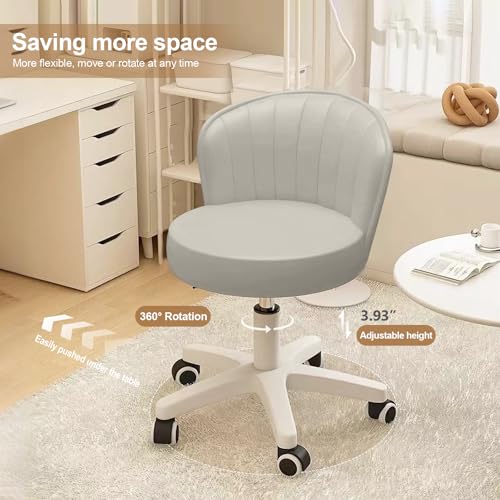 Small Round Rolling Desk Chair Armless Comfy Vanity Computer Chair with Low Backrest PU Leather Height Adjustable Swivel Work Spa Chair - color: Grey, style: Set of 1 with backrest