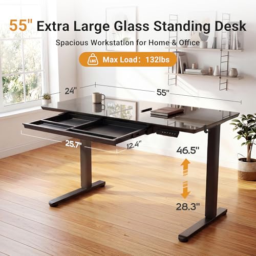 YDN Glass Standing Desk with Drawers 55x24 Inch Black - color: Black, size: 55 Inch