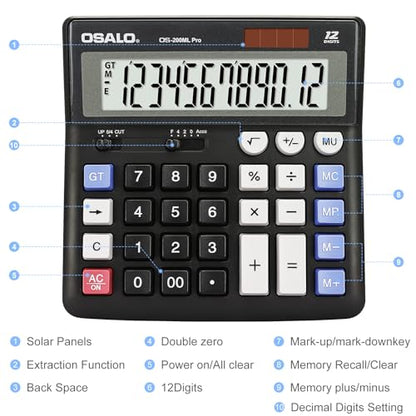 OSALO Extra Large Desktop Calculator Big Buttons 12 Digit, Solar, Black - size: OS-200ML Pro Black