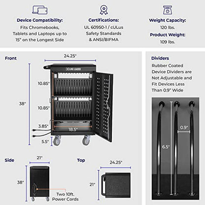Line Leader 30 Unit Mobile Charging Station Cart w/Locking Cabinet, Standing Computer Charger Stand for Tablets, Laptops, Chromebooks, 5-Min Assembly UL-Certified, ANSI/BIFMA Standard with Power Cord - size: 24.25" x 21" x 38"