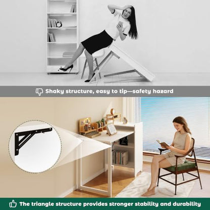 HDDFER Folding Desk with Built-in Outlet,for Small Spaces,Hidden Desk with Storage Shelf, Foldable Computer Desk for Bedroom Home Office, Mid Century Modern Fold Out Table Writing Table, White - color: White