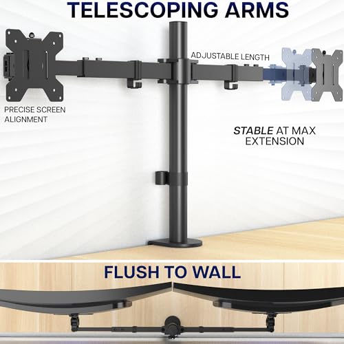 VIVO Dual LCD LED 21 to 32 inch Monitor Desk Mount, Heavy Duty, Adjustable Telescoping Arms, Flush Wall Setup, Fits 2 Screens, Black, STAND-V002E - color: Black, size: 21" to 32"