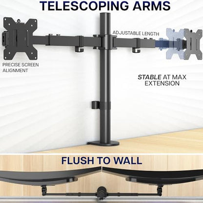 VIVO Dual LCD LED 21 to 32 inch Monitor Desk Mount, Heavy Duty, Adjustable Telescoping Arms, Flush Wall Setup, Fits 2 Screens, Black, STAND-V002E - color: Black, size: 21" to 32"