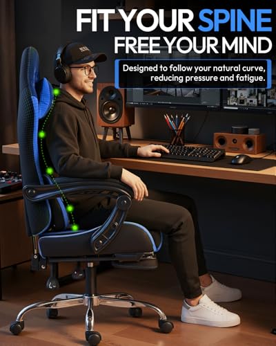 Dowinx Ergonomic Gaming Chair with Footrest & Massage Lumbar, 2D-Linkage Armrests for Computer Chair 330lbs with Headrest Pillow for Office, Home, Streaming and Long Gaming Sessions, Blue - color: Blue