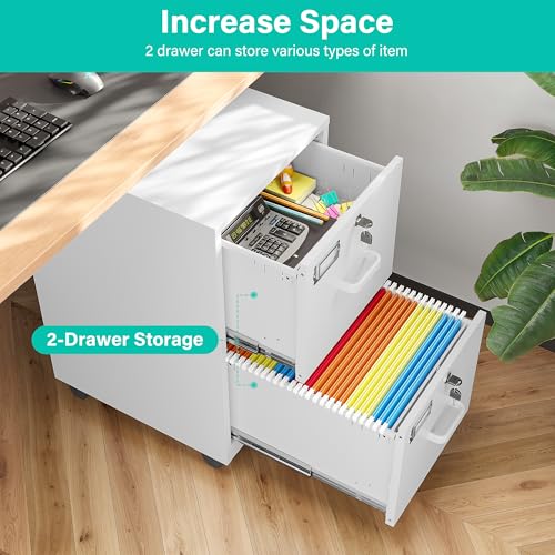 2 Drawer File Cabinet with Lock and Wheels,White Rolling File Cabinets,Locking Mobile Metal Filing Cabinet for Home Office,Under Desk,Fit A4/Letter/Legal File, Easy Assembly - color: White, style: 2 Drawer with Wheels
