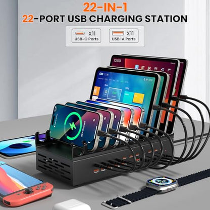 300W USB Charging Station for Multiple Devices - 22 Ports Desktop Multi Fast Charger Station with Device Organizer Stand & Multi Protection, USΒ Power Strip Suitable for Home Office School Studio