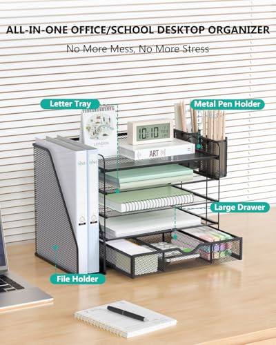 WALI Desk File Organizer, 5 Tier Desktop Paper Letter Tray Organizer with Drawer and 2 Pen Holders, Office Desk Accessories & Workspace Organizers for Office, Home Supplies(DO006DH-B), 1 Pack, Black - color: Black, size: 5 Tier