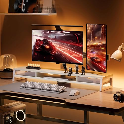 Fenge Dual Monitor Stand Riser, 42.5in Desk Shelf with 2 Drawers, White - color: White