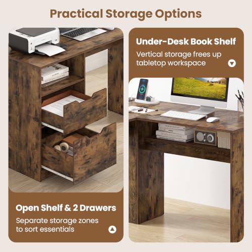 Tangkula 59" L-Shaped Executive Desk w/Power Outlets (Rustic Brown) - color: Rustic Brown