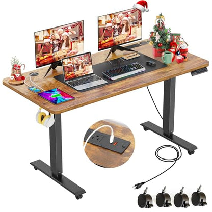 farexon 55 x 24inch Electric Standing Desk Adjustable Height with Power Outlets, Stand up Desk with Wheels,Outlets, Mouse Pad, Preset Heights Home Office Gaming Computer Workstations Table（Brown） - color: Brown, size: 55 x 24''-Outlets