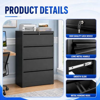 4 Drawer File Cabinet with Lock, Metal File Cabinet, Black - color: Black, size: 52.3"H - 4 Drawer