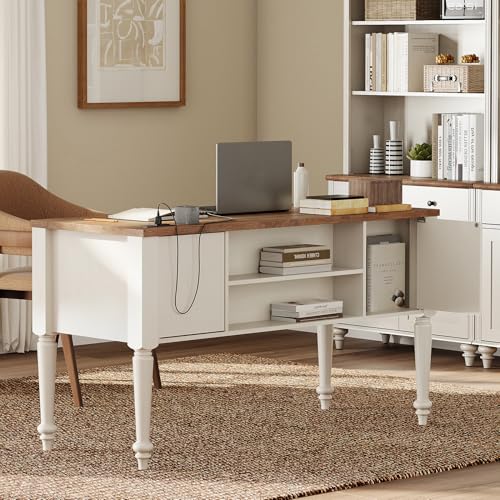 WAMPAT Home Office Furniture Set, 56" Executive Desk with Charging Station, Farmhouse Cabinet with Glass Doors, Wood Computer Desk with File Cabinet Storage, Open Shelf, White - color: White