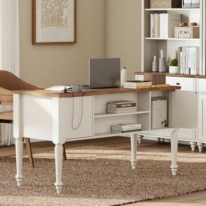 WAMPAT Home Office Furniture Set, 56" Executive Desk with Charging Station, Farmhouse Cabinet with Glass Doors, Wood Computer Desk with File Cabinet Storage, Open Shelf, White - color: White