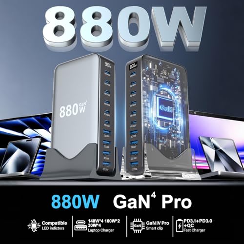 880W USB C Fast Charger Block, 10 Port USB Charging Station, GaN Ⅳ Pro 140W PD PPS Port for Multiple Devices,Laptop Wall Charger Compatible with DELL, HP, MacBook Pro,iPhone17/16 pro,Galaxy S24.