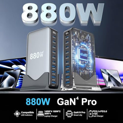 880W USB C Fast Charger Block, 10 Port USB Charging Station, GaN Ⅳ Pro 140W PD PPS Port for Multiple Devices,Laptop Wall Charger Compatible with DELL, HP, MacBook Pro,iPhone17/16 pro,Galaxy S24.