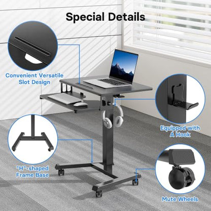 BONTEC Mobile Standing Desk with Keyboard Tray, Mobile Podium on Wheels | Rolling Laptop Sit Stand Desk, Adjustable Height Desk Up to 33lbs, Portable Computer Workstation Cart for Living Room, Office - color: Black