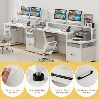 Tangkula Computer Desk with Power Outlets, 66” Computer Workstation with Monitor Stand, CPU Stand, Printer Shelf & File Drawer, Writing Table Gaming Desk for Home Office (White)