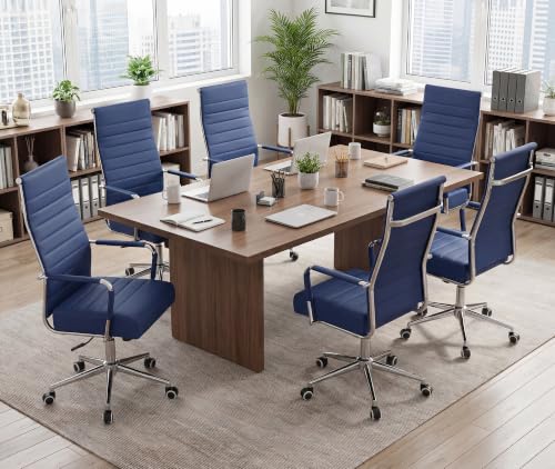 JOMEED Office Desk Chair,Conference Room Chair,High Back PU Leather Swivel | Modern Executive Ribbed Design, Ergonomic, Height Adjustable, Wheels and Arms, for Home Office(Blue-Silver Frame) - color: Blue
