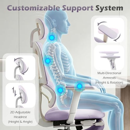 Ergonomic Office Chair with Footrest and Dynamic Lumbar Support, Purple | Reclining high-back computer chair, memory foam seat, 2D armrests, 2D headrest, mesh desk chair for home office, long hours - color: Purple