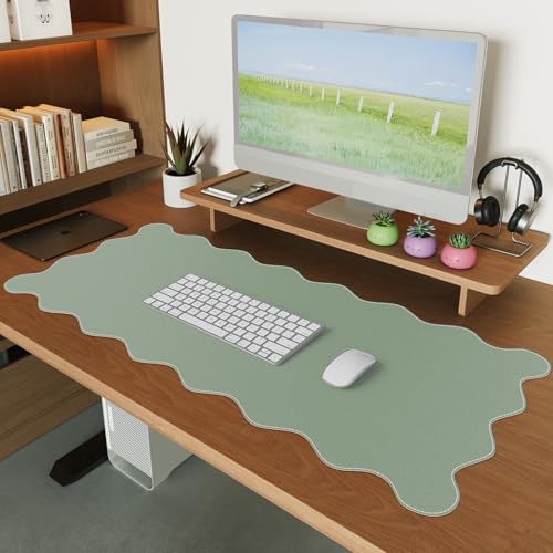 iCasso Leather Desk Pad,Extra Large Mouse Pad for Laptop,Cute Scalloped Nail Table Mat for Women Girl,Non-Slip Keyboard Mat Green,Waterproof PU Desk Cover Mat for Office Home Dorm Travel - color: Green
