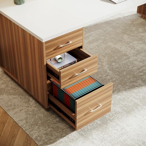 Tribesigns 86" Modern L-Shaped Executive Desk,(White & Brown) | Extra Large Office Desk with File Drawers, Business Desk Workstation with Door Cabinet, Shelves for Home Office