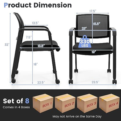COSTWAY Stackable Office Guest Chairs Set of 8 with Wheels and Armrests | Conference Room Chairs with Mesh Backrest and Upholstered Seat, Ergonomic Waiting Room Chairs for Office Home Reception Area - size: 8 Pack, style: with Wheels