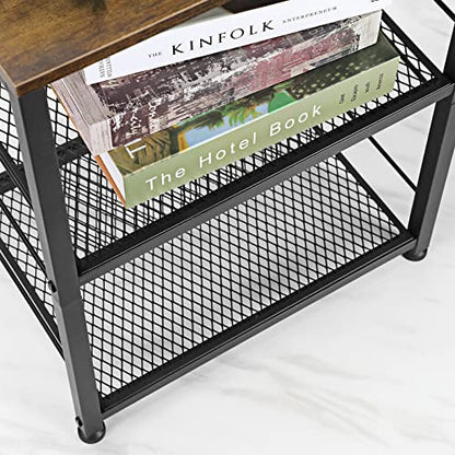 OYEAL Small Nightstand Industrial Square End Table with Storage Shelf Farmhouse Sofa Side Table for Small Spaces, Narrow Bedside Table for Living Room Bedroom, Stable Metal Frame, Rustic Brown - color: Rustic Brown