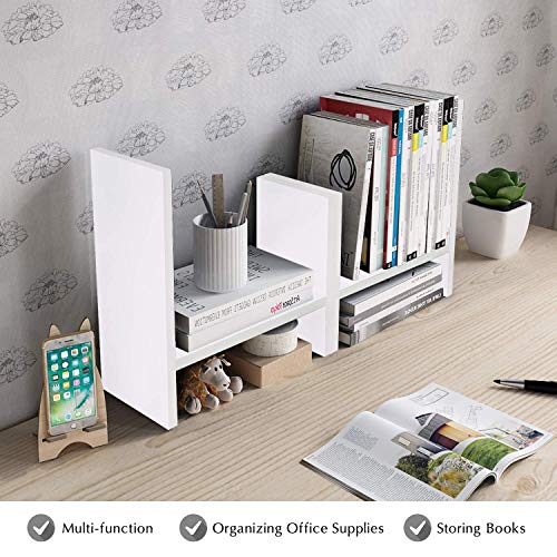 Jerry & Maggie Desktop Organizer Office Storage Rack Adjustable Wood Display Shelf Free Style Double H, Multi-Functional Mini Bookshelf for Desk Natural Stand (White) - color: White