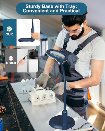 12X Magnifying Glass with Light and Stand, Real Glass, LED 5 Color Modes, Brightness Stepless Dimming Lighted Magnifier Hands Free, Flexible Gooseneck Desk Lamp with Clamp for Close Work, Craft, Blue - color: Blue