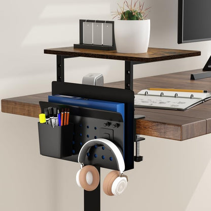 Desk Extender, Clamp On Desk Shelf Organizer, with Side Storage Steel Frame & 15 inch Wood Desktop Supplies Rack Clamp Mount Table Hanging Storage for Home Office Fits Flat Edge Tables 0.3" to 2.3"