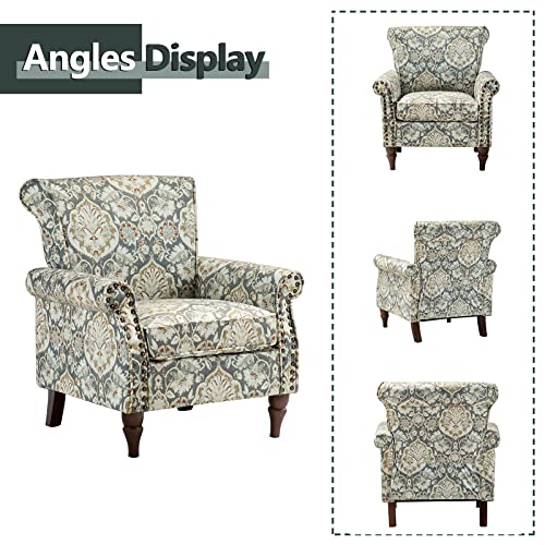 HULALA HOME Traditional Floral Accent Chair with Solid Wood Legs, Pine | Comfy Upholstered Armchair Reading Chair with Rolled Armrests, Nailhead Trim, Removable Cushion, for Living Room Bedroom - color: Pine