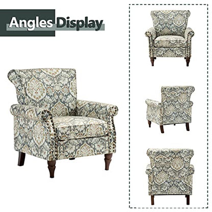 HULALA HOME Traditional Floral Accent Chair with Solid Wood Legs, Pine | Comfy Upholstered Armchair Reading Chair with Rolled Armrests, Nailhead Trim, Removable Cushion, for Living Room Bedroom - color: Pine