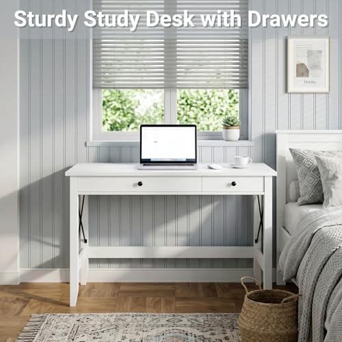 JSB 43.3 Inch White Computer Desk with 2 Drawers for Home Office Bedroom - color: White, size: 43.3 inch